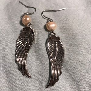 Pearl, silver wing earrings